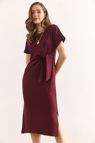 Olalook Rochie de damă cu talie burgundă cu fantă cu textura moale ELB-19002395