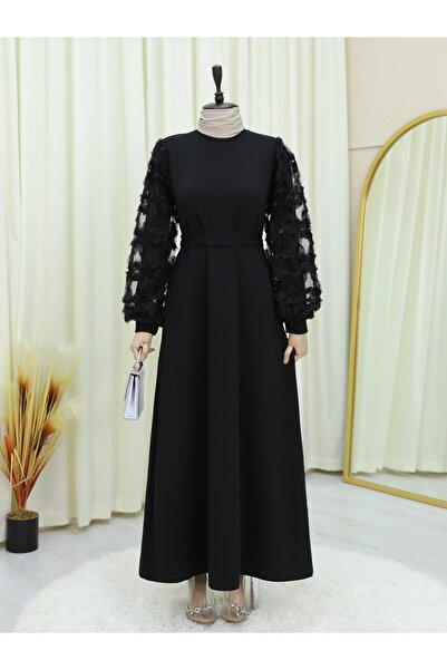 HİJABAYA Kabartma Çiçekli Tül Kollu Kemerli Elbise