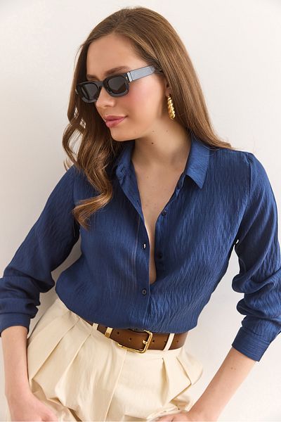 Olalook Γυναικείο πουκάμισο Navy Blue με λεπτές ρίγες GML-19001336