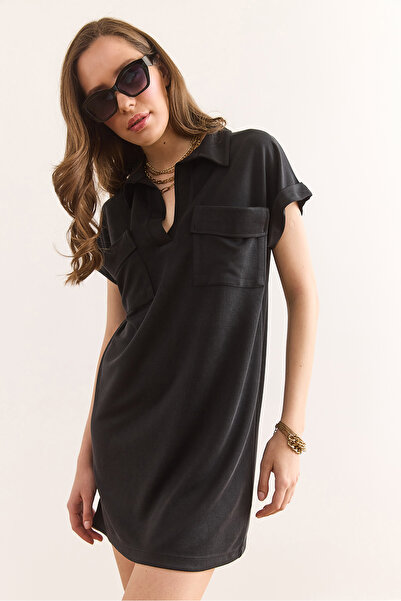 Olalook Kadın Siyah Polo Yaka Cepli Yumuşak Dokulu Modal Mini Elbise ELB-19002394