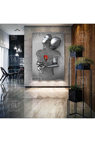 SML TABLO Sarılan Metal Ve Zincirden Oluşan Çift Kırmızı Kalp Metalik Gri Rom...