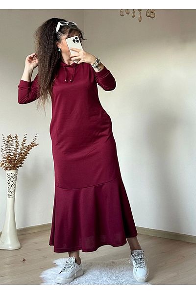 azra moda Hooded Skirt Ruffle Dress Burgundy