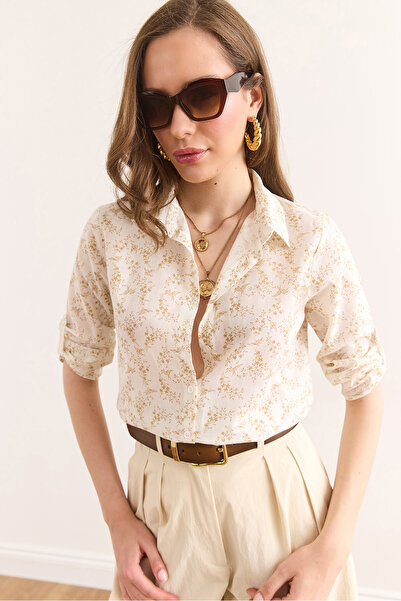 Olalook Women's Tiny Flower Beige Sleeve Fold Cuffless Linen Content Shirt Gml-19001338