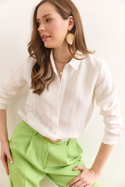 Olalook Women's Ecru Transparent Striped Regular Fit Draped Shirt Gml-19001334