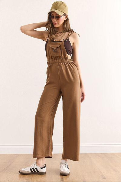 Olalook Women's Tan Strap Binding Detailed Ayrobin Jumpsuit Tlm-19000159
