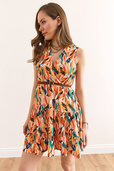 Olalook Damen-Strickkleid in Pinselorange mit zweireihigem Ausschnitt und elastischer Taille ELB-19002392