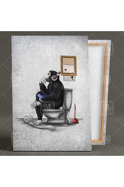 SML TABLO Maimuța Banksy care ascultă muzică cu căști pe toaletă Pictură verticală pe pânză
