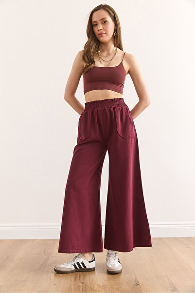 Olalook Kadın Bordo Beli Lastikli Cepli İspanyol Paça Pamuk Gabardin Pantolon PNT-19000314