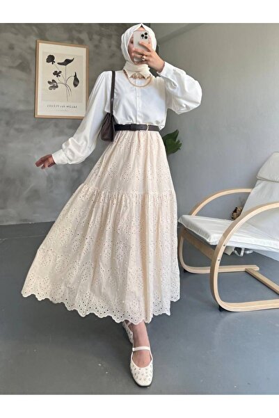 HİJABAYA Segmented Pearl Detailed Elastic Waist Skirt
