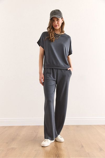 Olalook Women's Anthracite Modal Top Blouse Bottom Pocket Trousers Set Tkm-19000379