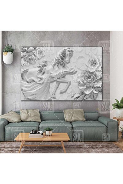 SML TABLO Elbiseli Kadın Beyaz At Gül Yatay Kanvas Tablo