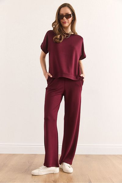 Olalook Women's Burgundy Top Blouse Bottom Pocket Trousers Set Tkm-19000378