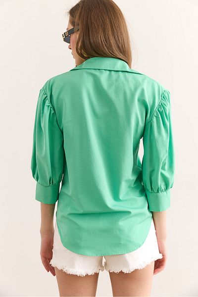 Olalook Women's Green Hidden Placket Balloon Sleeve Terry Cotton Shirt Gml-19001280