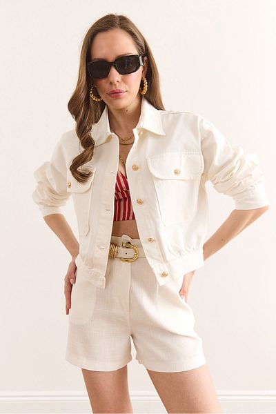 Olalook Women's Ecru Gold Buttoned Gabardine Cotton Jacket Ckt-19000443