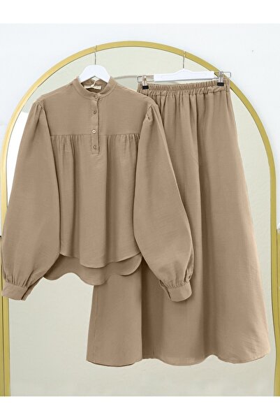 HİJABAYA Oval Cut Stand Collar Blouse Skirt Muslin Set