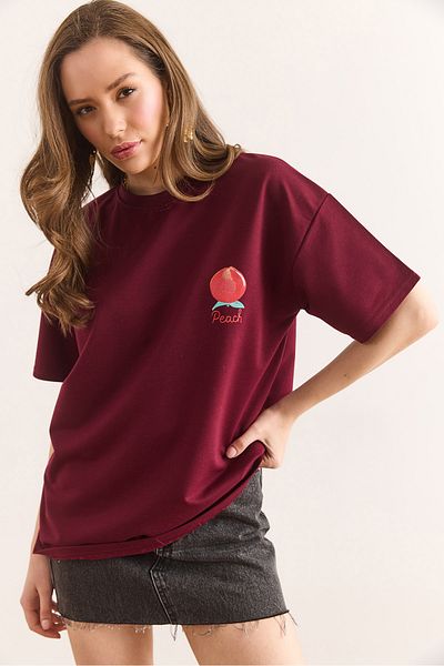 Olalook Tricou de damă bordeaux cu imprimeu în față și în spate, cu 2 fire, cu potrivire confortabilă TSH-19000889