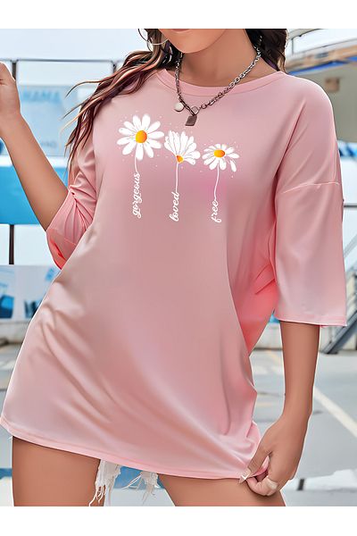 BEETON Μπλουζάκι με στάμπα ροζ Oversize Daisies - Crew Neck, κοντομάνικο