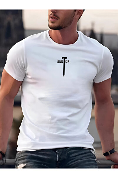 BEETON تيشيرت بأكمام قصيرة ورقبة دائرية كبيرة الحجم مطبوع باللون الأبيض من سل...