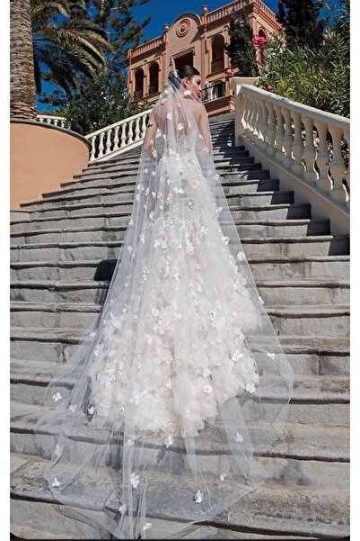 VENÜS MODA by Pınar Voal floral cu perle, 3 metri, alb catifelat, tul de vis,...