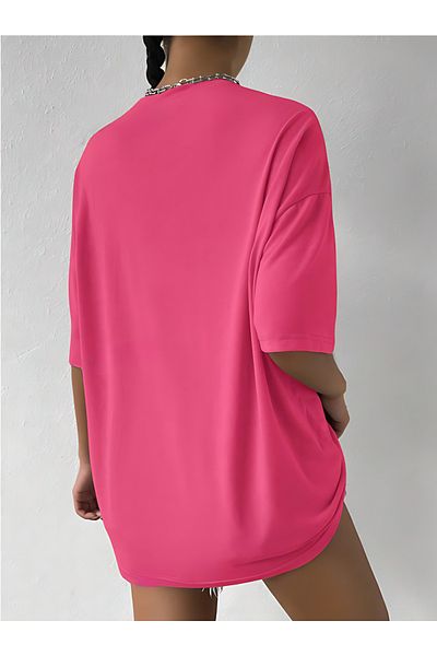 BEETON Μπλουζάκι Palm Springs Pink Printed Oversize - Crew Neck, κοντό μανίκι