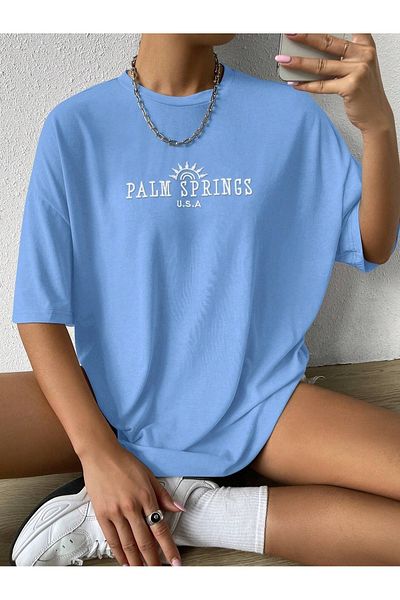 BEETON Μπλουζάκι Palm Springs - Μπλουζάκι με κοντό μανίκι με λαιμόκοψη σε μπλε στάμπα