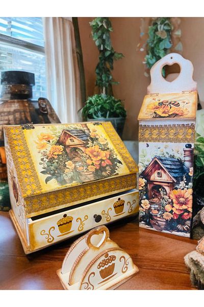 herbantine Vintage Wooden Kitchen Set, Bread Holder, Bag Holder, Napkin Holder, Kitchen Set