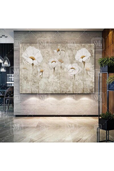 SML TABLO Beyaz Açmış Çiçek Dekoratif Yağlı Boya Efektli Yatay Kanvas Tablo