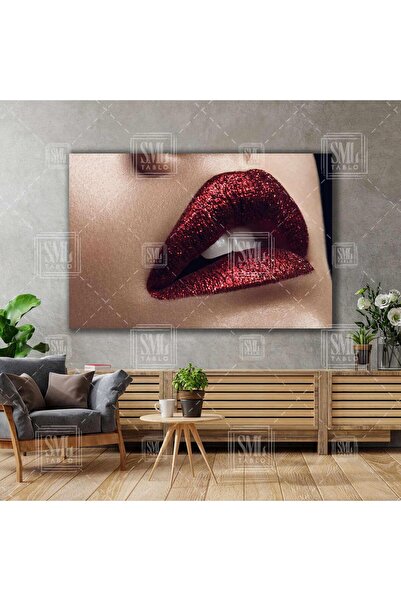 SML TABLO Kırmızı Simli Rujlu Manken Makyaj Dudak Öpücük Woman Kuaför Yatay Kanvas Tablo