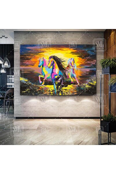 SML TABLO Πολύχρωμα άλογα που τρέχουν στο ηλιοβασίλεμα Εφέ ελαιογραφίας Ζώο Φ...