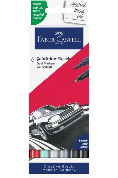 LUXE Goldfaber Sketch Car Design Marker Set, 6-, Dual Tips, 0.6 mm Fineliner Tip, Permanent