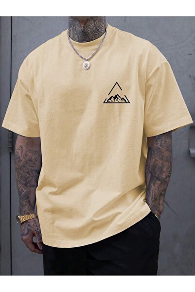 BEETON Üçgen Dağ T-Shirt - Sarı Baskılı Oversize Bisiklet Yaka Kısa Kol Tişört