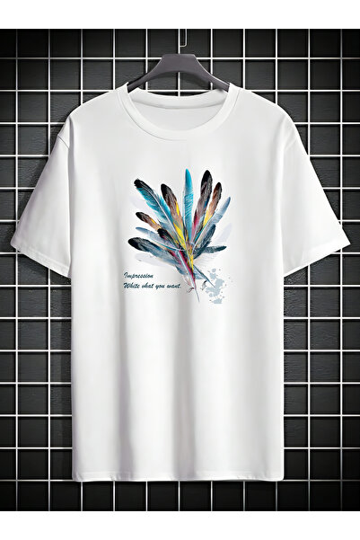 BEETON تي شيرت كبير الحجم للجنسين بنمط ريش ملون - رقبة دائرية، كم قصير