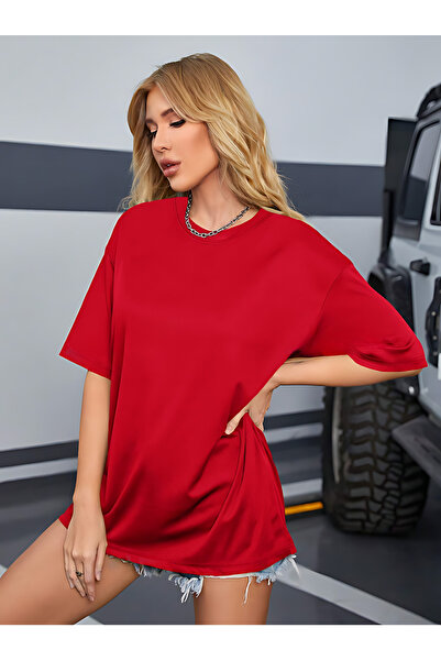 BEETON Basic Düz T-Shirt - Kırmızı Baskısız Oversize Bisiklet Yaka Kısa Kol T...