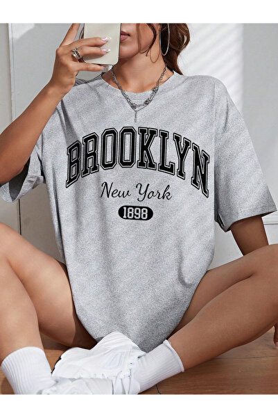 BEETON Brooklyn 1898  Süprem T-Shirt -  Gri Baskılı Oversize Bisiklet Yaka Kı...