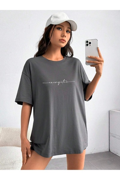 BEETON تي شيرت Energetic مكتوب - تي شيرت بأكمام قصيرة ورقبة دائرية كبيرة الحج...