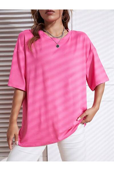 BEETON Απλό T-Shirt - Ροζ Oversize κοντομάνικο μπλουζάκι με λαιμόκοψη
