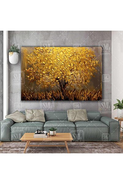 SML TABLO Altın Sarı Yapraklı Soyut Ağaç Lüks Dekor Yatay Kanvas Tablo
