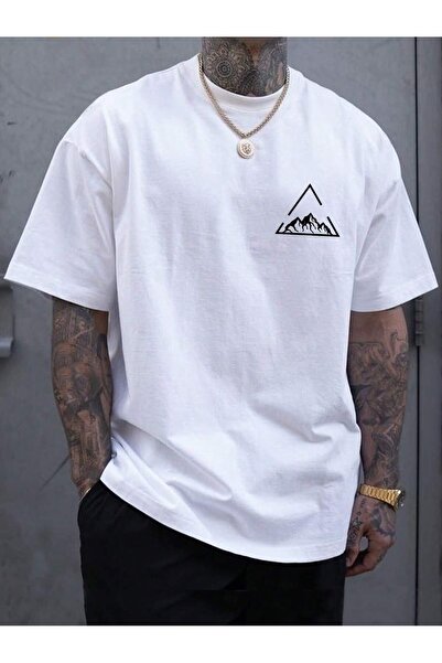 BEETON Triangle Mountain T-Shirt - White Printed Oversize Crew Neck Short Sle...