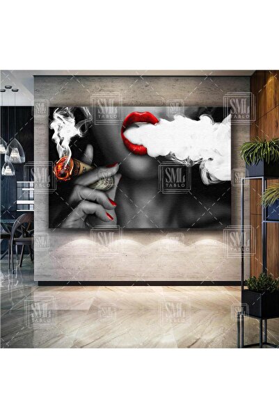SML TABLO Sigara İçen Kırmızı Rujlu Kadın Duman Dolar Dekoratif Modern Yatay ...