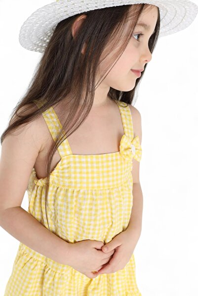 Ege Bebek Kız Çocuk Yazlık Fiyonklu Pötikare Desen Şapkalı 3-4-5-6-7-8-9-10 Yaş Elbise