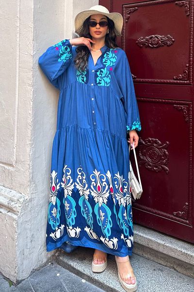 AYASOFYA OTANTIK Rochie lungă, largi, cu mâneci cu balon, cu guler cu nasturi, albastru, cu model etnic autentic