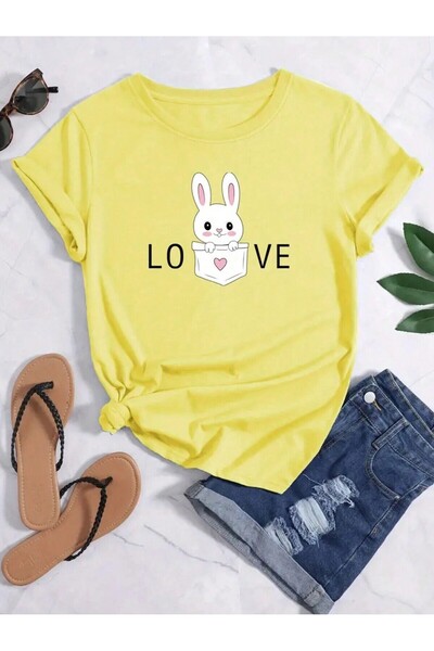 BEETON تي شيرت Love Pocket Rabbit - تي شيرت أصفر مطبوع كبير الحجم برقبة دائري...