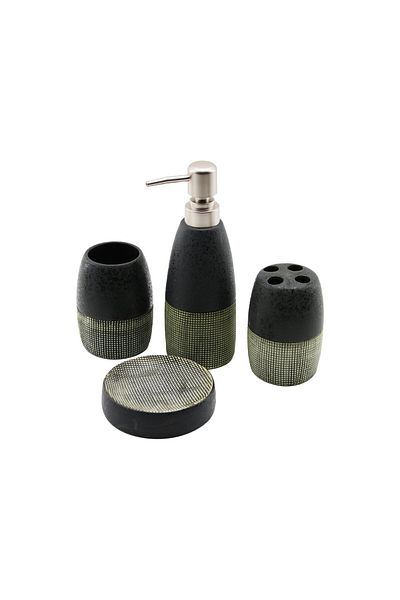 LUXE 4 Pcs Anthracite Gray - Creamceramic Bathroom Cleaning Set Liquid - Solid Soap Dispenser - Toothbrush Holder -