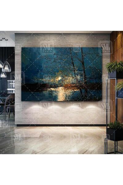 SML TABLO Gece Ay Işığı Altında Göl Manzarası Doğa Ağaç Yağlı Boya Efektli Ya...