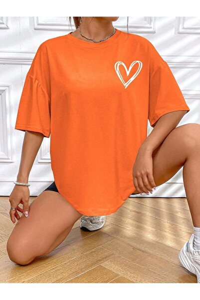 BEETON Πορτοκαλί Heart Logo Oversize T-shirt - Crew Neck, κοντομάνικο