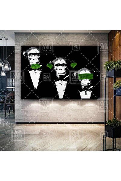 SML TABLO Ağzı Gözü Kulağı Dolarla Kapalı Üç Maymun Dekor Yatay Kanvas Tablo