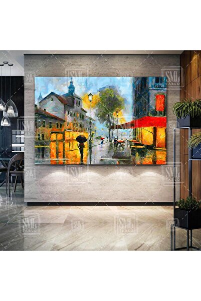 SML TABLO Yağmur Altında Sokakta Yürüyen Şemsiyeli İnsanlar Şehir Manzarası Y...