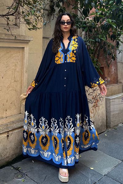 AYASOFYA OTANTIK Women's Navy Blue Buttoned Placket Collar Ethnic Authentic Patterned Balloon Sleeve Loose Long Dress