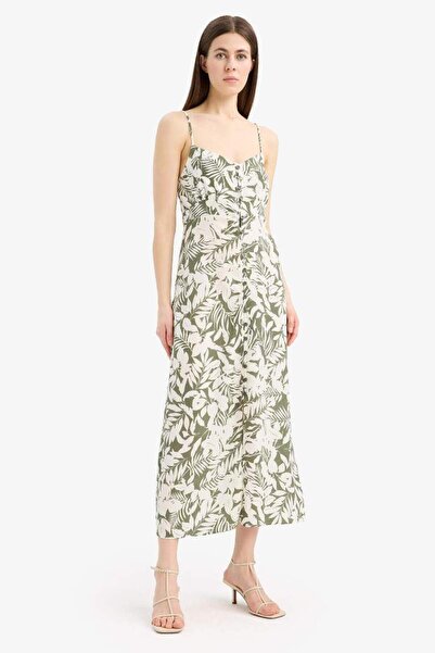 DeFacto V Yaka Çiçek Desenli Maroken Askılı Midi Yazlık Elbise F3206ax25sm