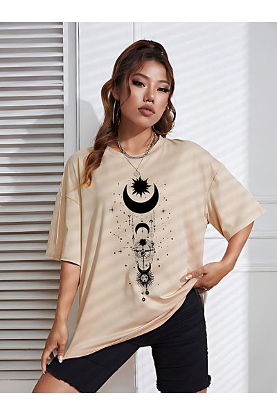 BEETON Μπεζ μπλουζάκι Oversize - Moon Sun Printed, Crew Neck